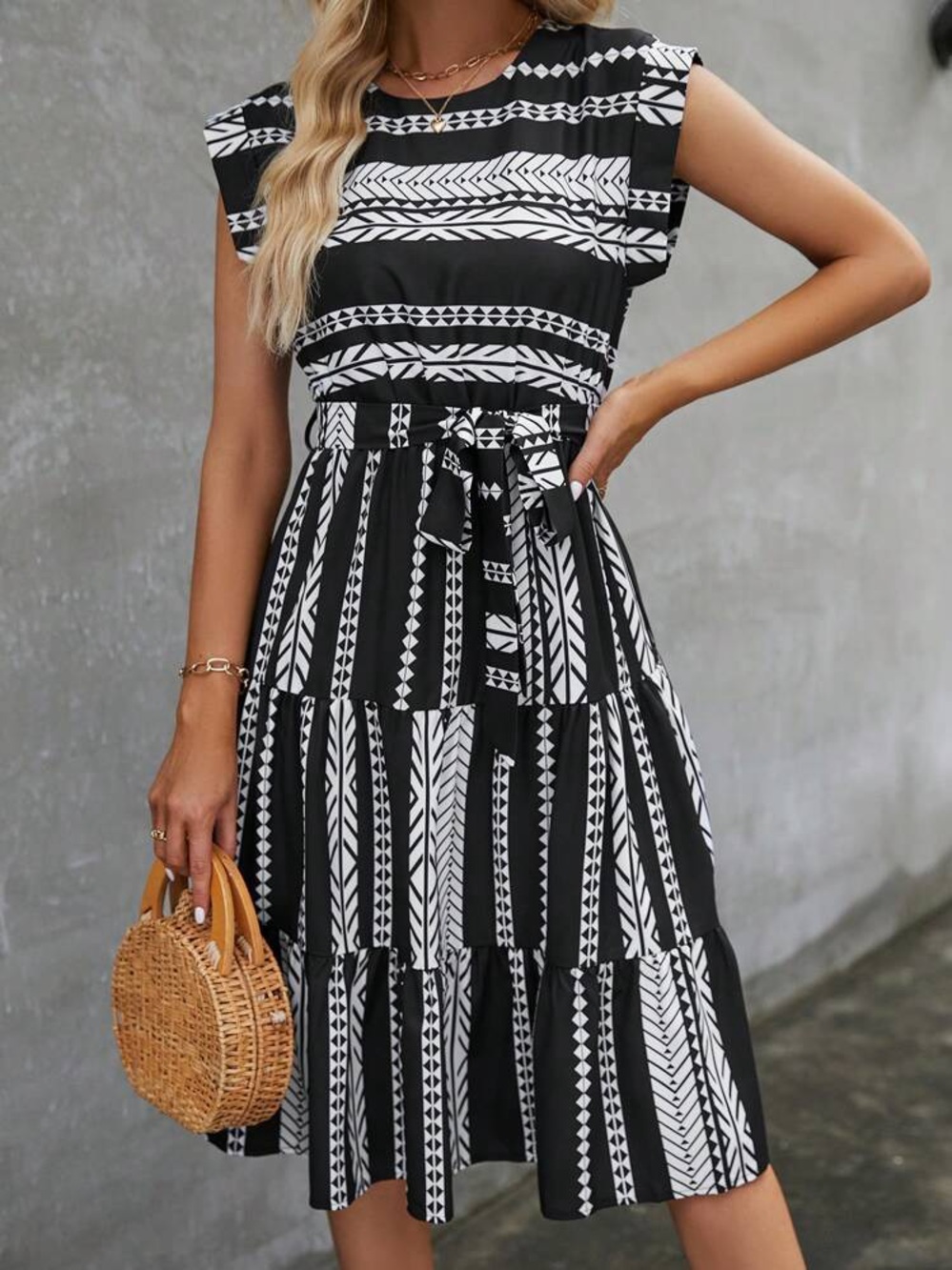 Black & White Geometric Belted Midi Dress
